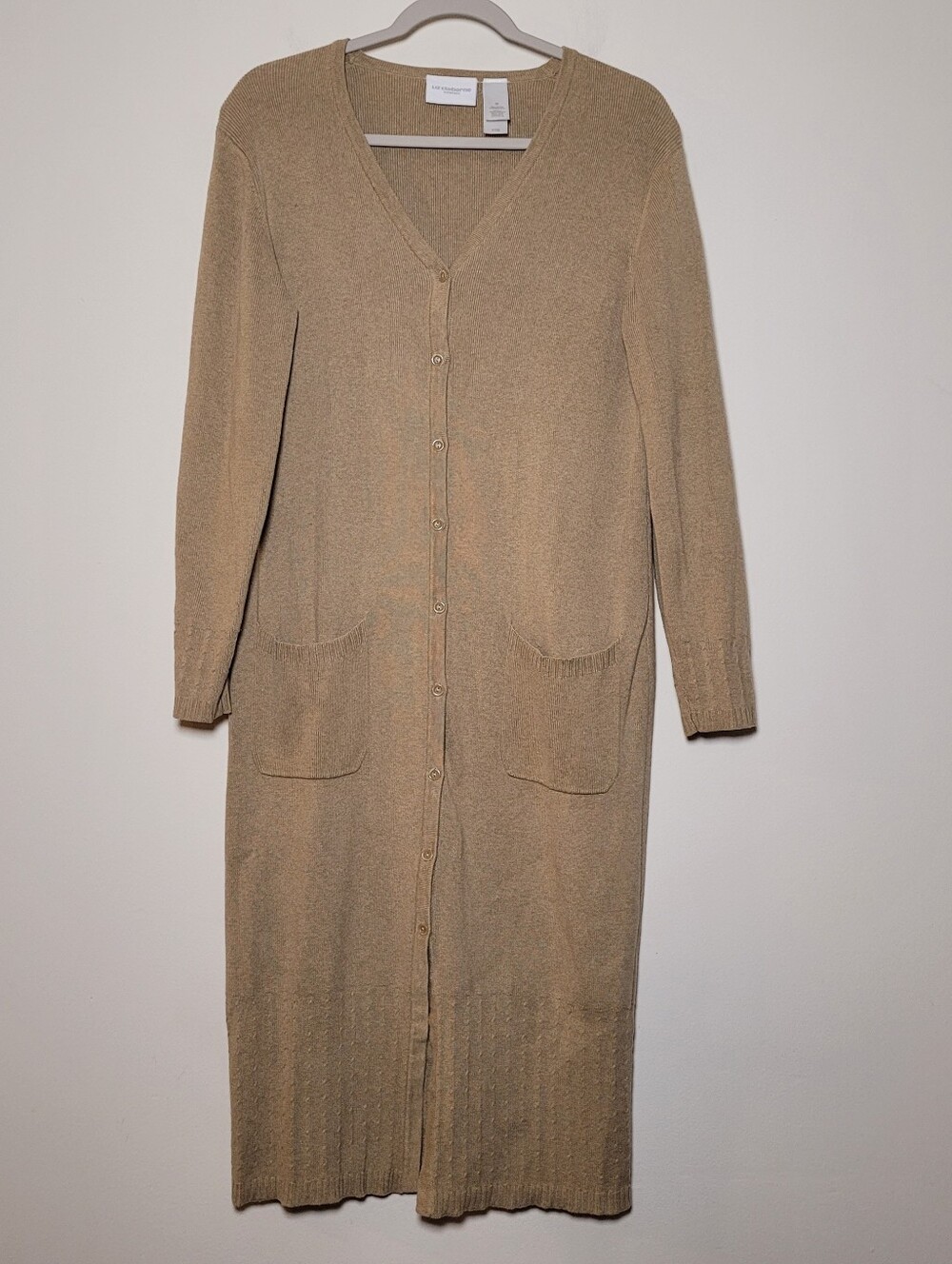 Liz Claibourne Long Line Button Cardigan Sweater Size M Pockets Preppy Academic